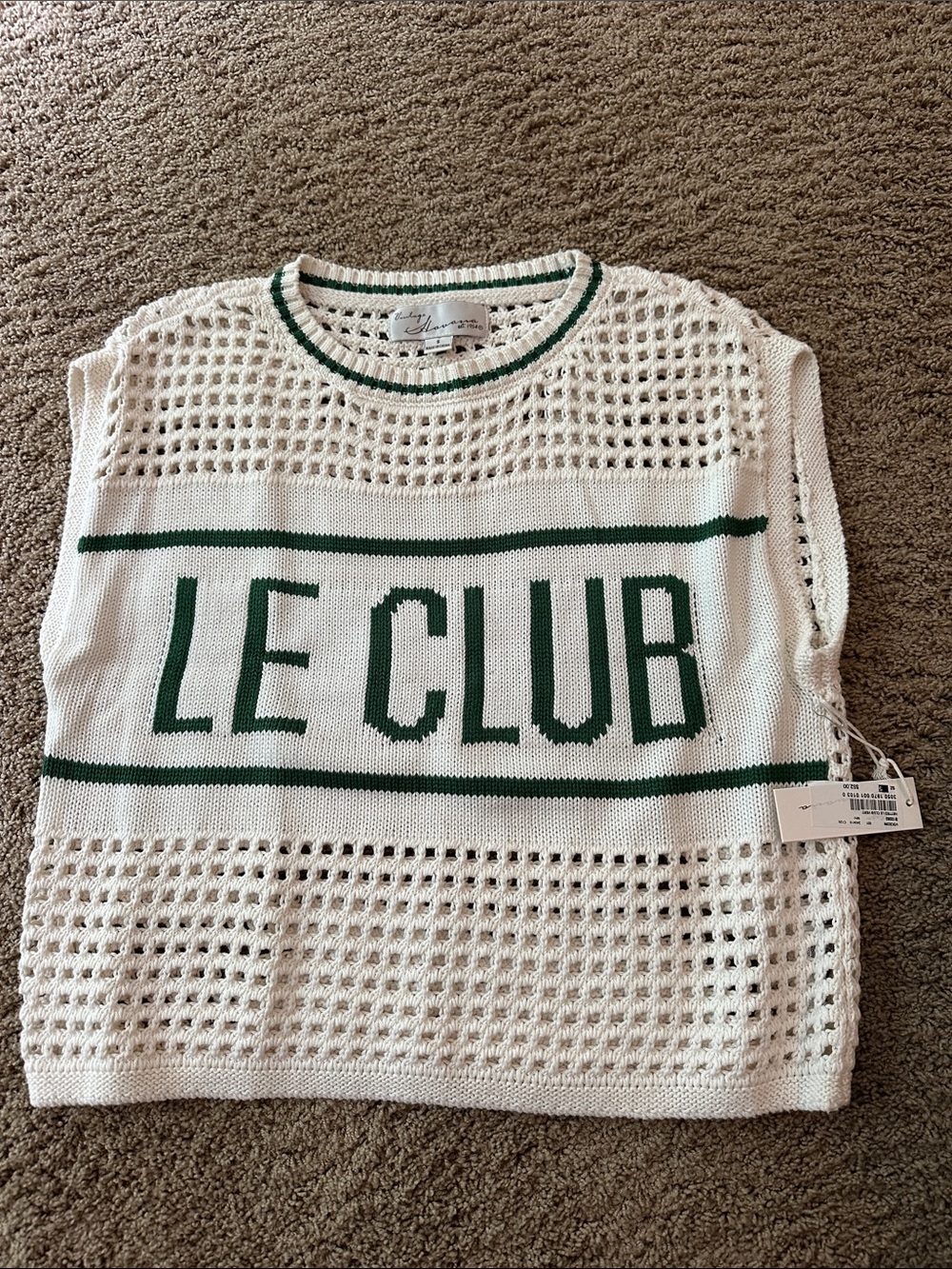 Vintage White & Green Open-Knit 'LE CLUB' Sweater Tank